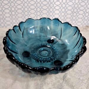 Vintage Teal Blue Art Glass Footed Bowl MCM Console Centerpiece 11”